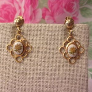 "Dainty Rose Filigree Gold Tone Clip Earrings "